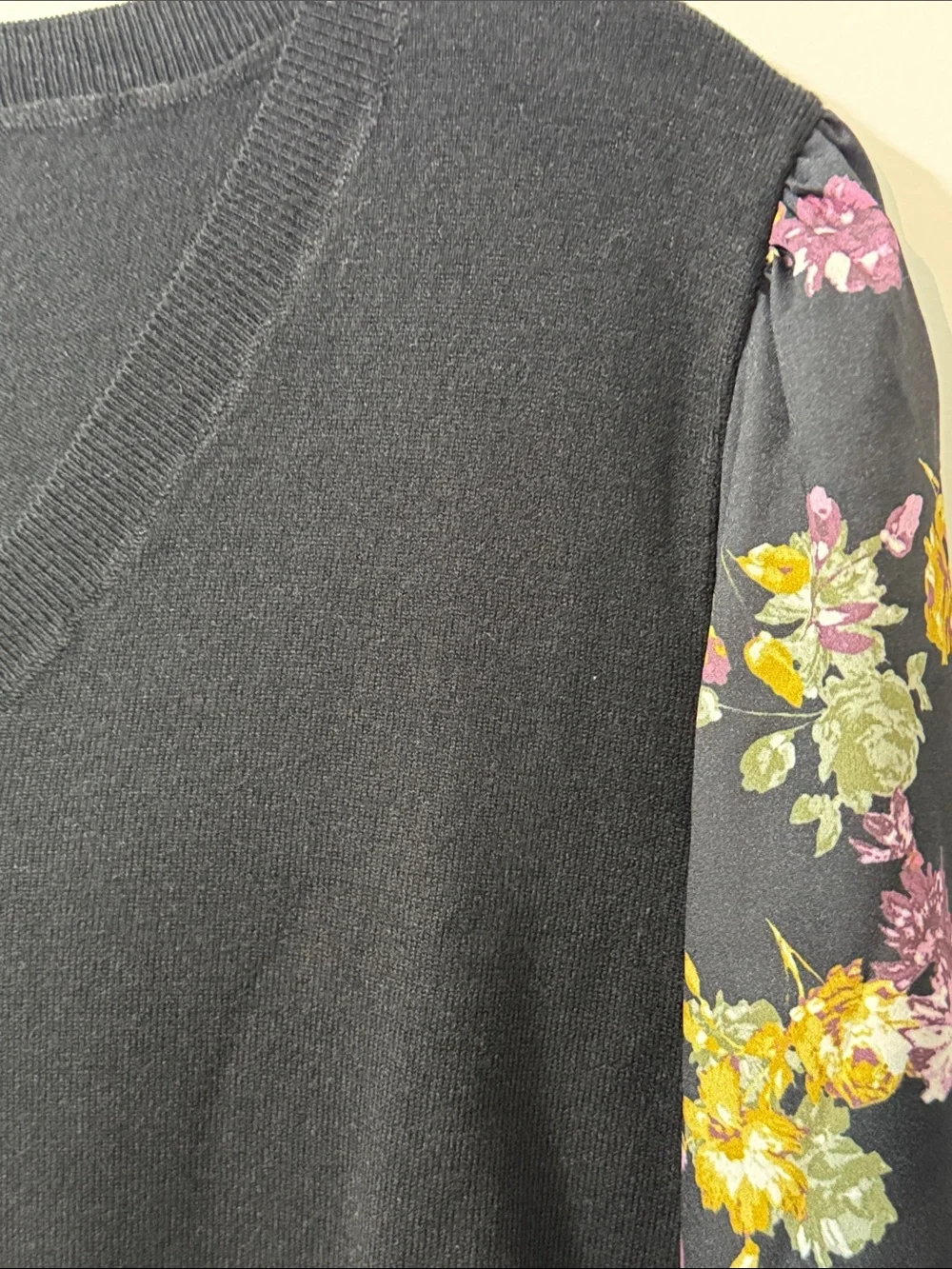 Emaline Black V-Neck Sweater with Floral Silky Puff Sleeves - Size Large